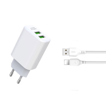 Incarcator retea XO L85C, Dual USB, 12W, 2.4A, Cablu IPHONE LIGHTNING 1m inclus, Alb
