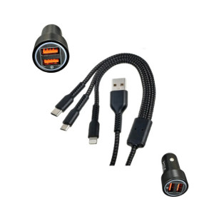 Incarcator auto 4.8A 25W cu 2 porturi USB fast si cablu 3 in 1 MicroUSB Lightning Type C compatibil 12V 24V