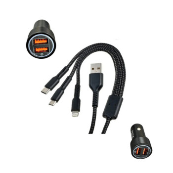 Incarcator auto 4.8A 25W cu 2 porturi USB fast si cablu 3 in 1 MicroUSB Lightning Type C compatibil 12V 24V Incarcator auto 4.8A 25W cu 2 porturi USB fast si cablu 3 in 1 MicroUSB Lightning Type C compatibil 12V 24V