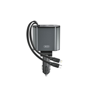 Incarcator auto XO SMART cu cabluri retractabile ,voltmeru, iesire USB-A si USB tip C