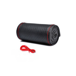 Husa volan cu ac si ata piele cu gaurele marime M 38cm negru cusatura rosie Premium 