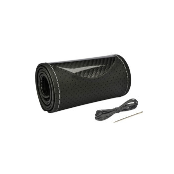Husa volan cu ac si ata piele cu gaurele marime M negru carbon cusatura gri Premium Husa volan cu ac si ata piele cu gaurele marime M negru carbon cusatura gri Premium