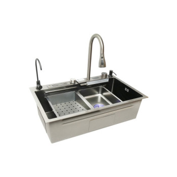 Chiuveta bucatarie multifunctionala cu doua baterii, otel inoxidabil, afisaj digital temperatura, functie cascada, dozator sapun, scurgator, tava, tocator si accesorii scurgere incluse, 75x46x23.5cm Chiuveta bucatarie multifunctionala cu doua baterii, otel inoxidabil, afisaj digital temperatura, functie cascada, dozator sapun, scurgator, tava, tocator si accesorii scurgere incluse, 75x46x23.5cm