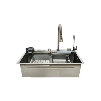 Chiuveta bucatarie multifunctionala cu doua baterii, otel inoxidabil, afisaj digital temperatura, doua cascade, spalator pahare, scurgator, tava, tocator si accesorii scurgere incluse, 75x46x23.5cm 