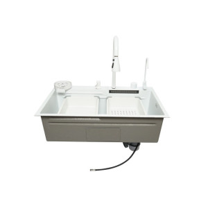 Chiuveta bucatarie otel inoxidabil cu doua baterii, functie cascada, spalator pahare, dozator sapun, scurgator, tava, tocator si accesorii scurgere incluse, 75x46x23.5cm 