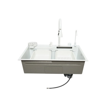 Chiuveta bucatarie otel inoxidabil cu doua baterii, functie cascada, spalator pahare, dozator sapun, scurgator, tava, tocator si accesorii scurgere incluse, 75x46x23.5cm Chiuveta bucatarie otel inoxidabil cu doua baterii, functie cascada, spalator pahare, dozator sapun, scurgator, tava, tocator si accesorii scurgere incluse, 75x46x23.5cm