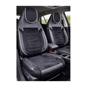 Huse scaune auto universale fractionate Premium cu tetiera fata incorporata negru cu cusatura alba 