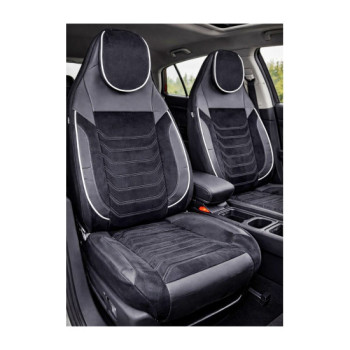 Huse scaune auto universale fractionate Premium cu tetiera fata incorporata negru cu cusatura alba Huse scaune auto universale fractionate Premium cu tetiera fata incorporata negru cu cusatura alba