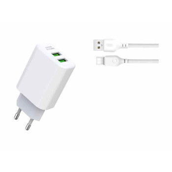 Incarcator retea , Dual USB, 12W, 2.4A, Cablu Type C 1m inclus, Alb  