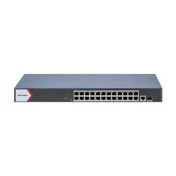 Switch 24 porturi PoE Gigabit, 1 port SFP Gigabit, 1 port RJ45 Gigabit, 1U, management - HIKVISION Switch 24 porturi PoE Gigabit, 1 port SFP Gigabit, 1 port RJ45 Gigabit, 1U, management - HIKVISION